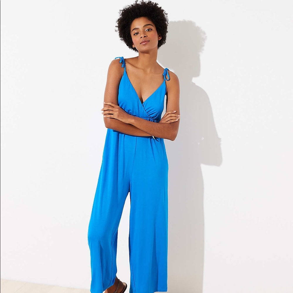 LOFT Beach Tie Shoulder Jumpsuit Blue